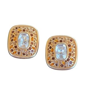Swarovski Crystal Brushed Goldtone Square Clip Vintage Earrings